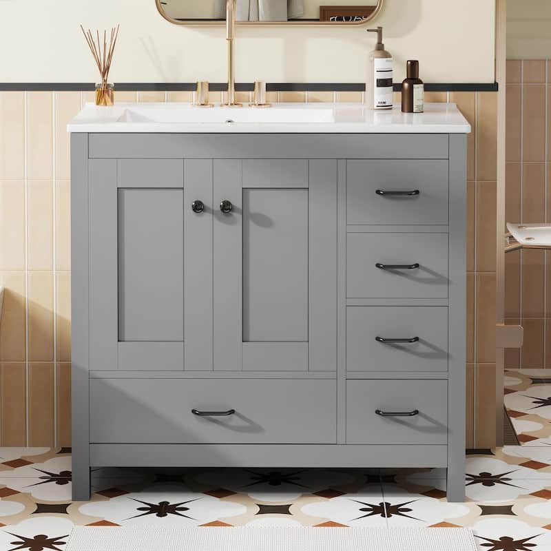 36" White Bathroom Vanity with Ceramic Sink Combo, Ample Storage Cabinet - 2 Soft-Close Doors and 5 Drawers - Grey