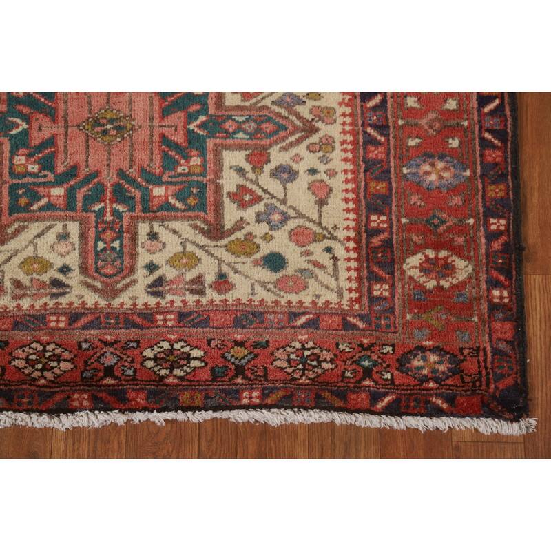 Hand Knotted Oriental 100% Wool Carpet Traditional Geometric Beige & Ivories Heriz Runner Rug - 10' 7'' X 3' 3''