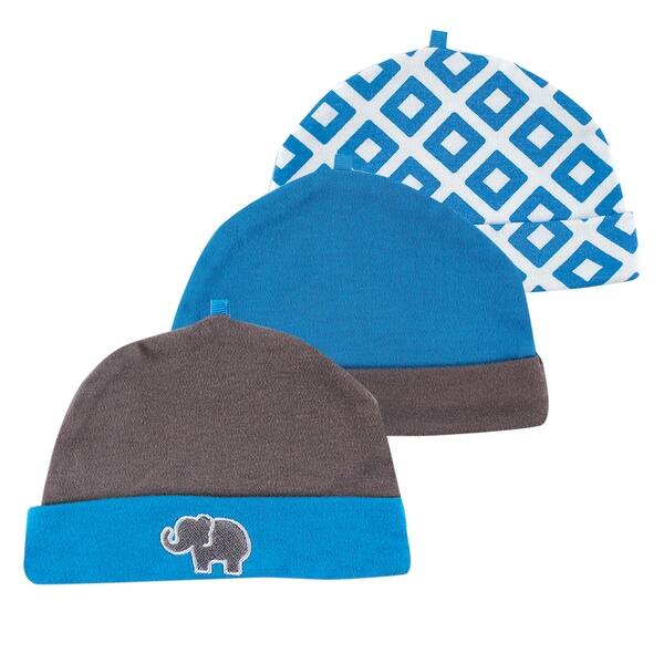 slide 1 of 1, Yoga Sprout Baby Boy Cotton Caps 3pk, Blue Elephant, 0-6 Months - Blue Elephant 0-6 Months - Blue Elephant