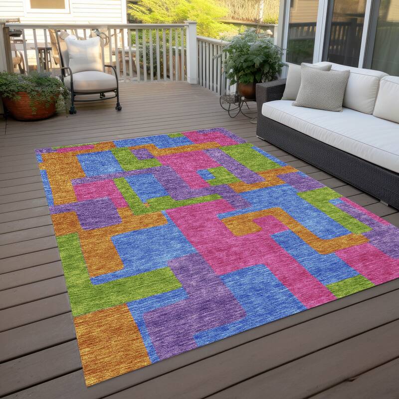 Machine Washable Indoor/ Outdoor Chantille Contemporary Blocks Rug