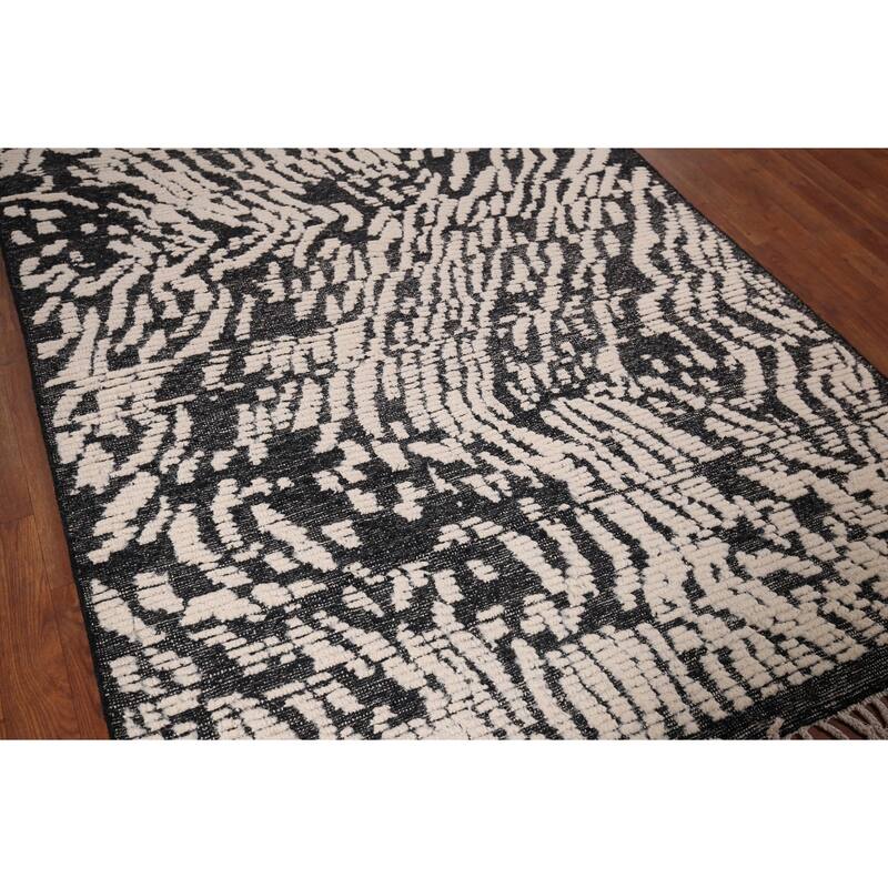 Black Ivory Moroccan Abstract Area Rug Hand-Knotted Wool Carpet - 5'0"x 8'5"