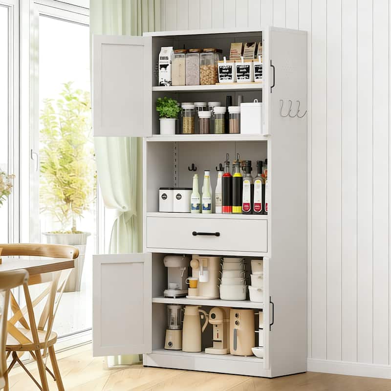 71" White Steel Kitchen Pantry with Large Countertop, Adjustable Shelves, Drawers & Hooks - White
