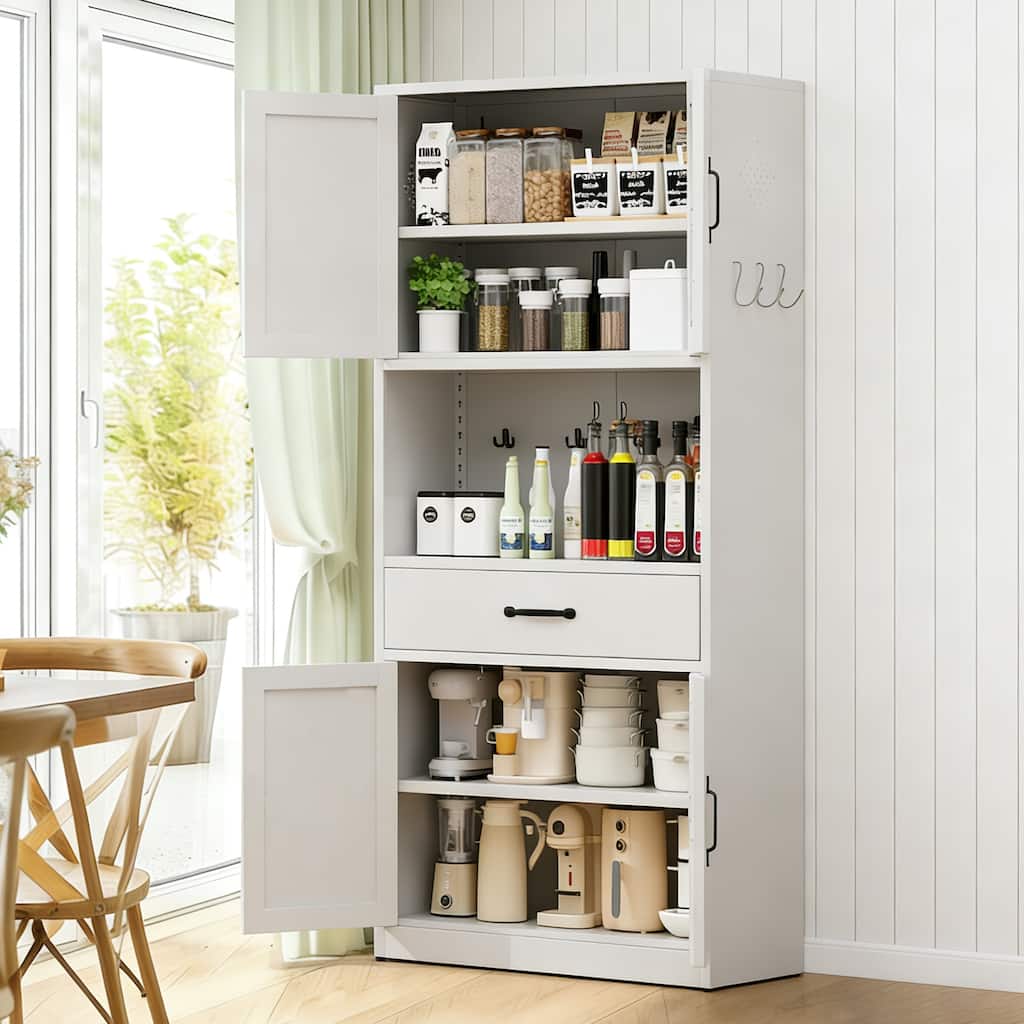 71" White Steel Kitchen Pantry with Large Countertop, Adjustable Shelves, Drawers & Hooks