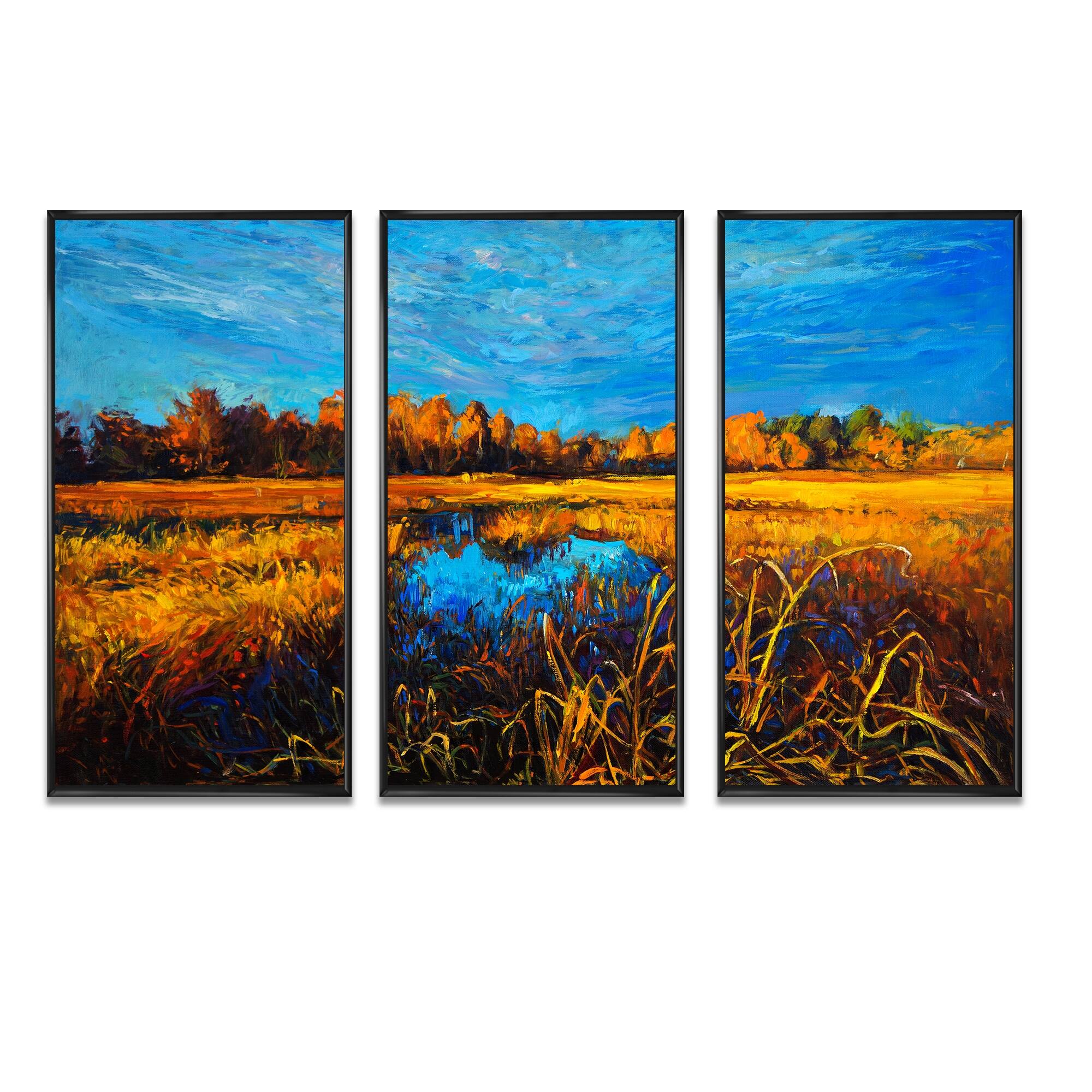 Designart "Orange Meadows Under A Light Blue Sky" Traditional Framed