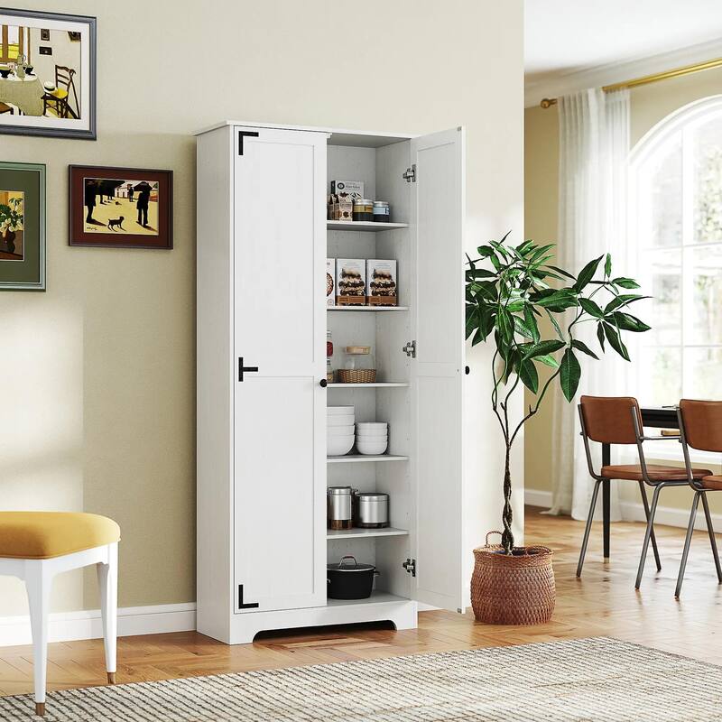 72" Farmhouse Pantry Cabinet, Freestanding Food Pantry Cabinet - White