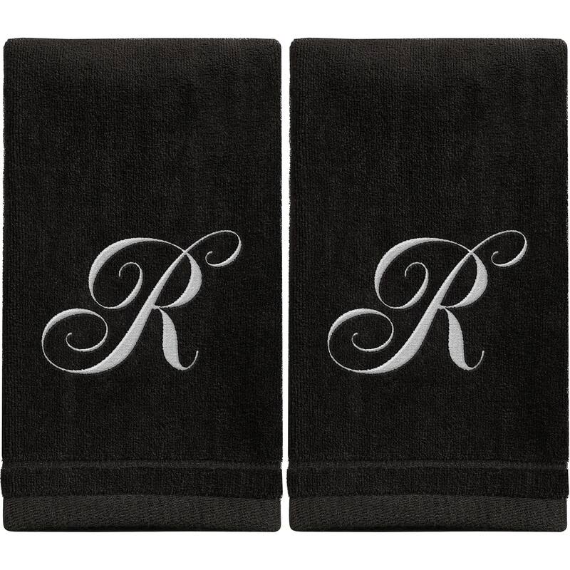 Monogrammed Black Towels Fingertip Embroidered with Initials - R