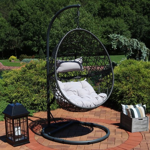 Sunnydaze Gray Caroline Hanging Basket Egg Chair Swing with Stand - Resin Wicker
