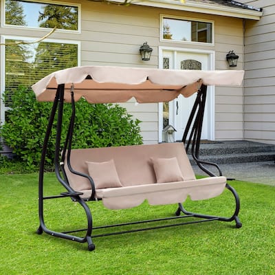 Outsunny 3 Seat Outdoor Free Standing Covered Swing Bench with Comfortable Cushioned Fabric & Included Canopy, Beige