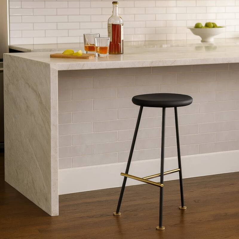 Elira 24 Inch Backless Counter Barstool with Round Mango Wood Seat. Black Iron Legs, Gold Footrest