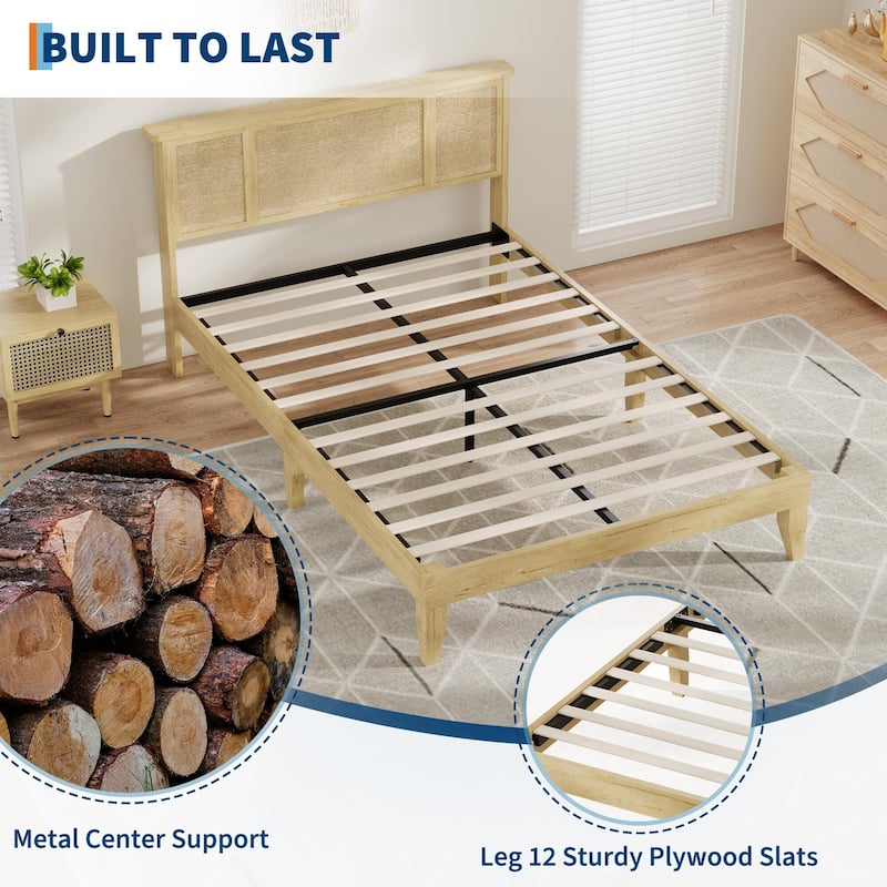 Bed Frame with Natural Rattan Headboard, Strong Wooden Slats