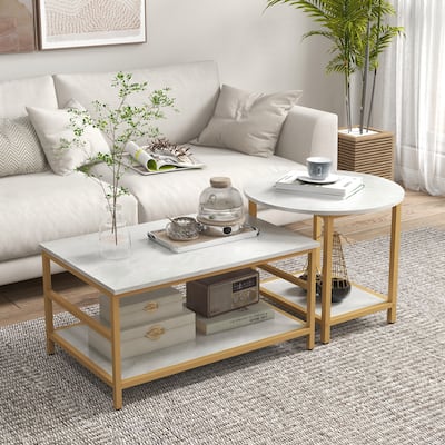 2-Rier Rectangle and Round Coffee Tables w/ Storage Shelves (Set of 2)