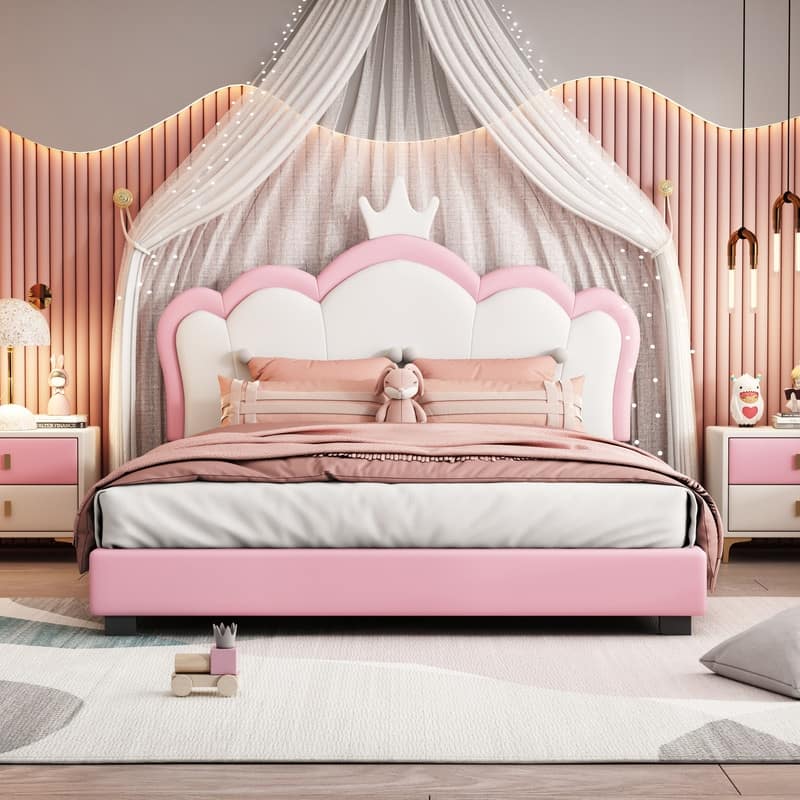 Twin/Full Size Upholstered Princess Bed with Crown Headboard, Cute Platform Bed Frame with Headboard and Footboard for Kids - Pink - Full