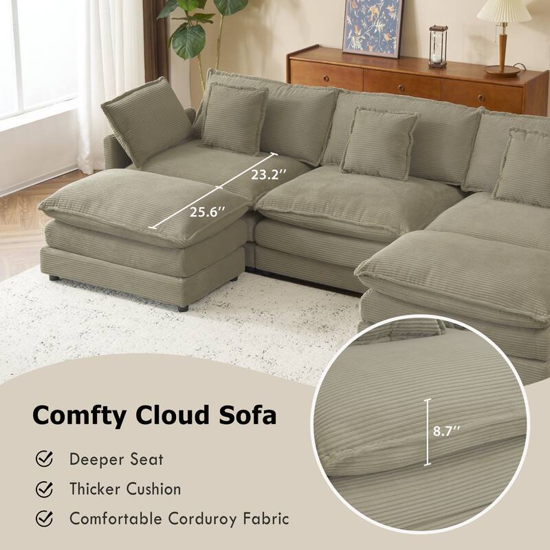 112.6" Corduroy Modular Sectional Sofa with Ottoman and Storage Pockets