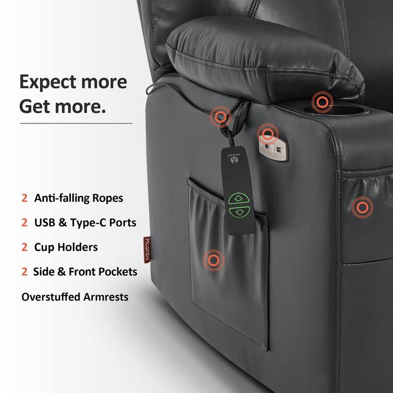 MCombo Medium-Wide Power Lift Recliner Chair Sofa with Massage and Heat for Elderly People, Faux Leather R7045