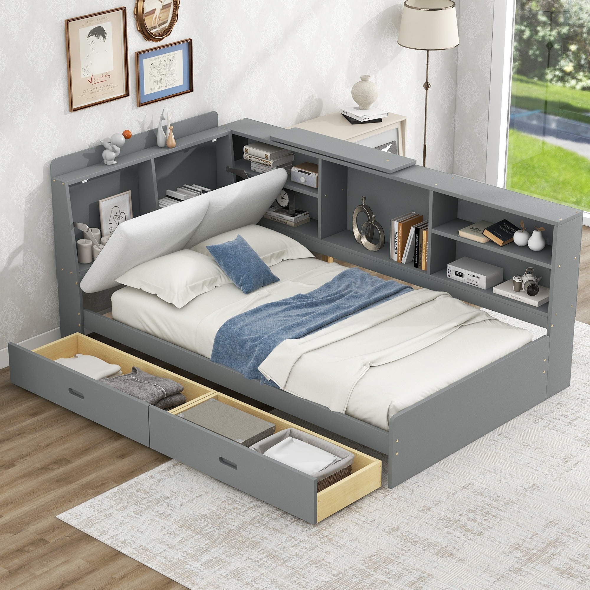 platform bed with Storage Headboard, Shelves and 2 Drawers