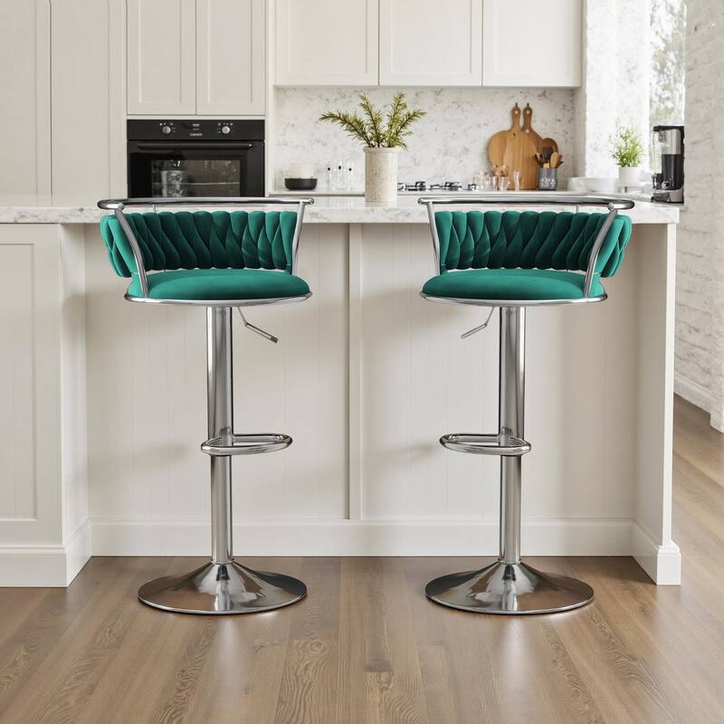 Velvet Upholstered Adjustable Bar Stool Swivel Counter Chair Set of 2 - Dark Green/Silver - Set of 2