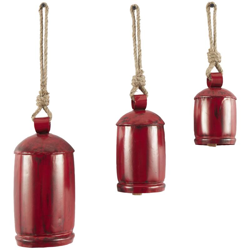 Metal Tibetan Inspired Decorative Cow Bells with Jute Hanging Rope - Set of 3 - Roche River Decor - Red