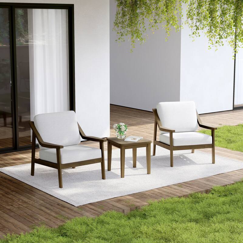 Outdoor Wood Cushioned Patio Set of 2 Accent Chair with Side Table
