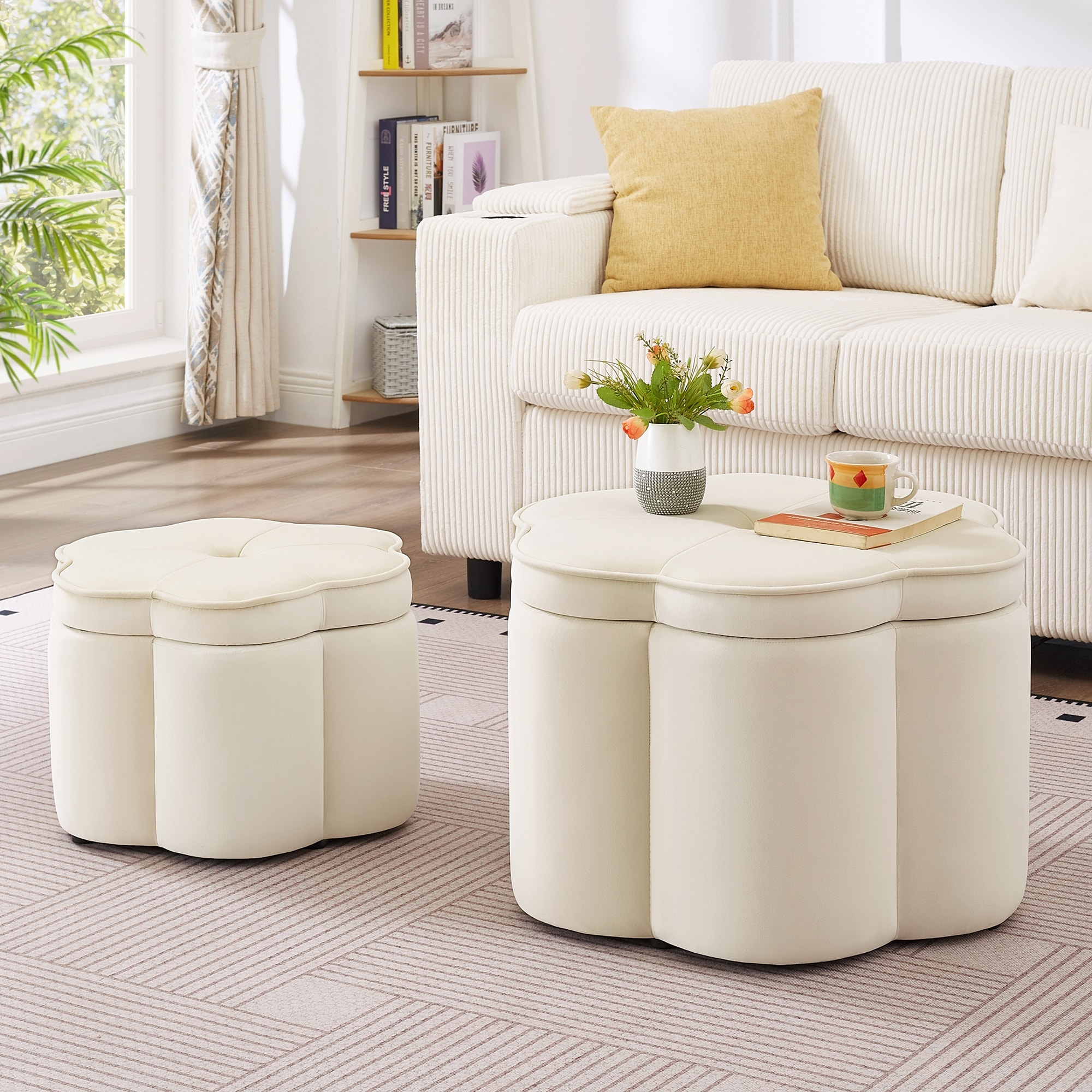 Set of 2 Ottoman with Storage,Flower Shape Petal Ottoman,Upholstered Velvet Storage Ottoman Bench,for for Living Room