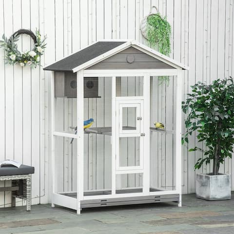 PawHut 64.5" Bird Cage Large Wooden Aviary for Budgie Canary Cockatiel with Standing Pole Nest Slide-out Tray Grey