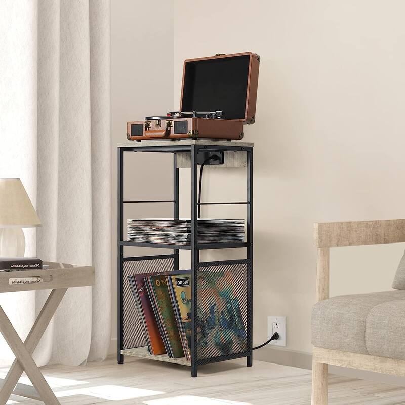 Vinyl Record Storage Table with Power Outlet