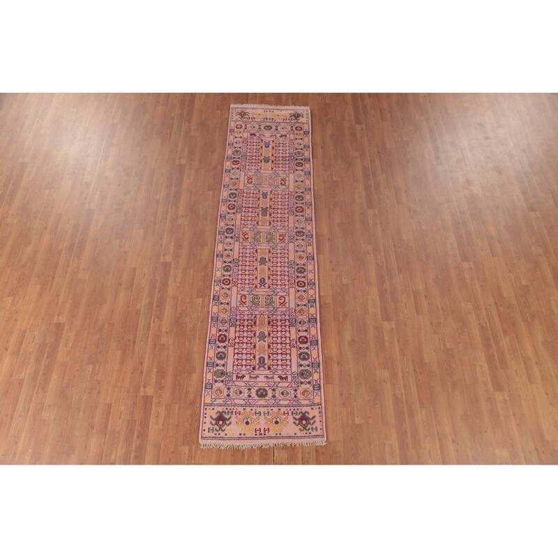 Tribal Pink Geometric Khotan Oriental Runner Rug Handmade Wool Carpet - 2'5"x 9'11"