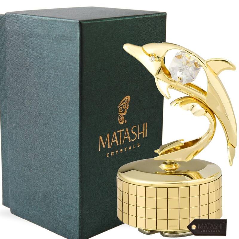 Matashi Decorative Tabletop Showpiece 24K Gold Plated Music Box plays -" You Are my Sunshine" w Dolphin Figurine