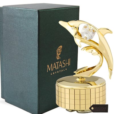 Matashi Decorative Tabletop Showpiece 24K Gold Plated Music Box plays -" You Are my Sunshine" w Dolphin Figurine