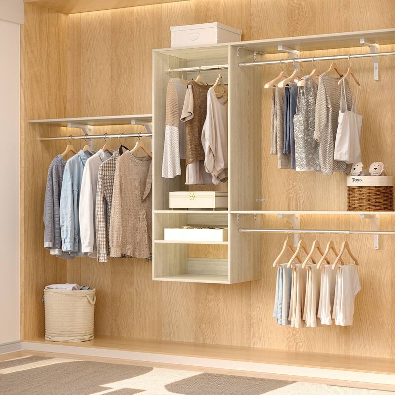 Rackcog 96'' Hanging Closet System with 3 Shelving Towers and 3 Hanging Rods,Wall-Mounted Walk-in Closet Organizer