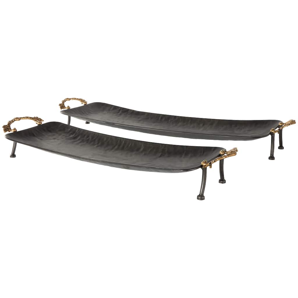 Metal Textured Curved Tray with Elevated Feet and Gold Scroll Vine Handles - Set of 2 Black - Roche River Decor