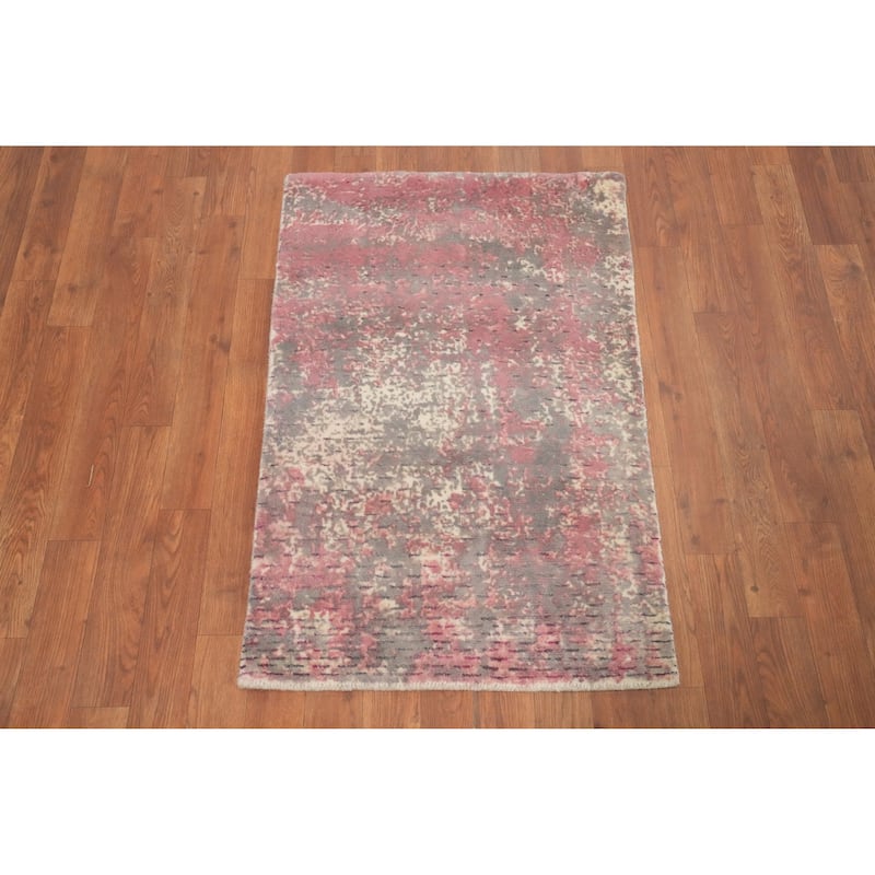 Hand Knotted Oriental Viscose Silk Carpet Modern All-Over Pink Abstract Area Rug - 3' 0'' X 2' 0''