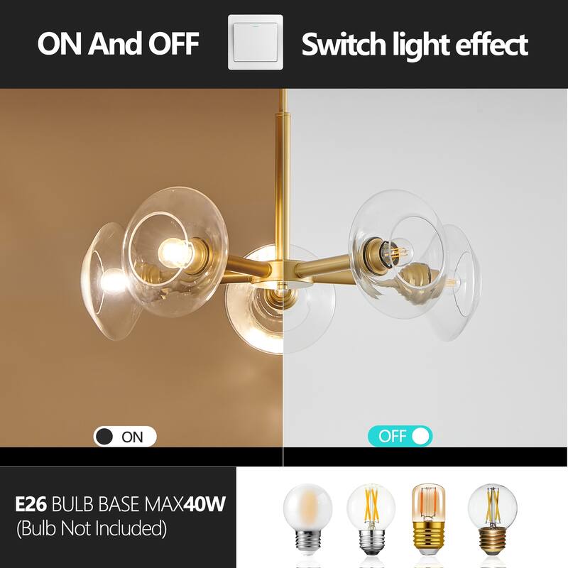 Mid-Century Chandelier, 5-Light Gold Chandelier with Clear Glass Shades, for Dining Room, Kitchen Island and Living Room