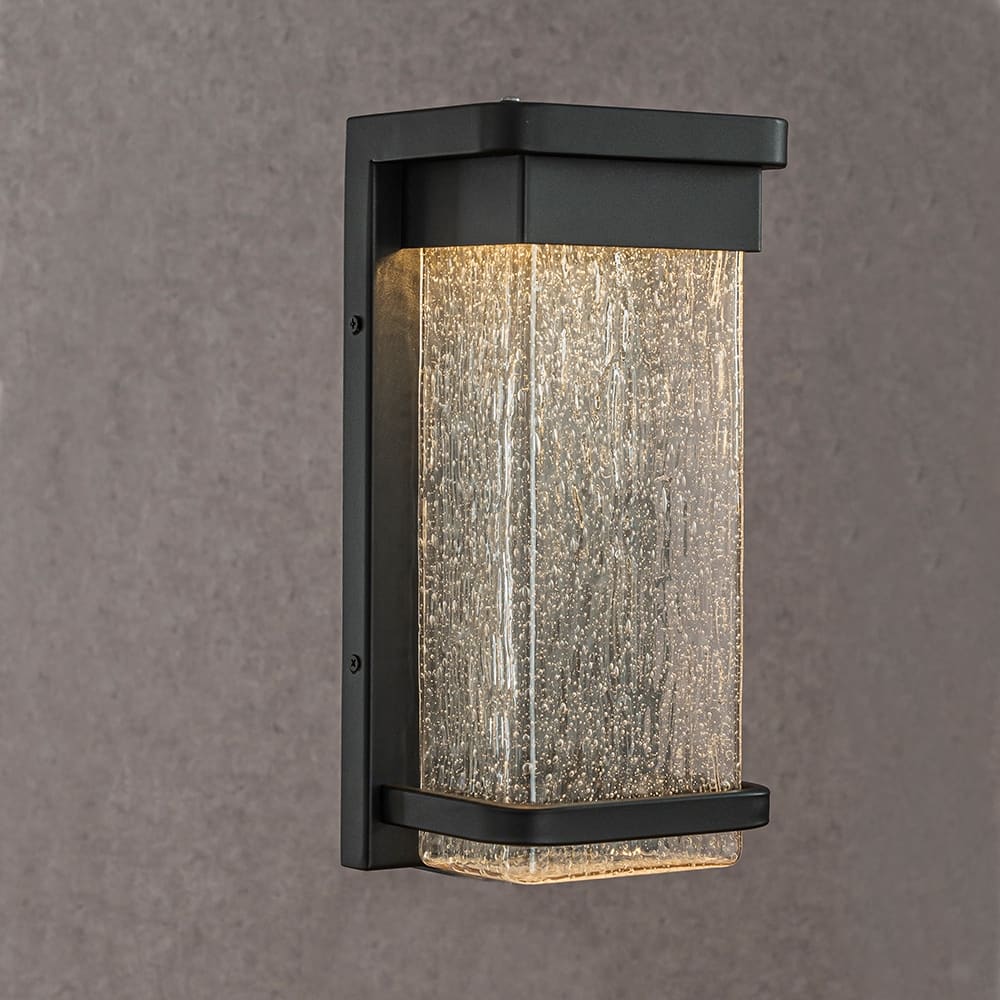 CraftHome 1-Light H12 in Modern Seeded Glass12W Integrated LED Outdoor Wall Sconce with Dusk to Dawn Sensor in Matte Black