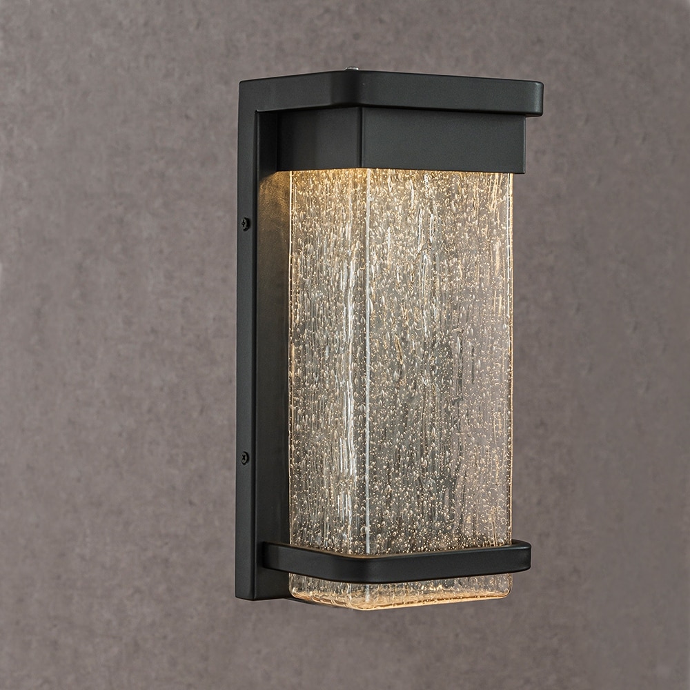 CraftHome 1-Light H12 in Modern Seeded Glass12W Integrated LED Outdoor Wall Sconce with Dusk to Dawn Sensor in Matte Black