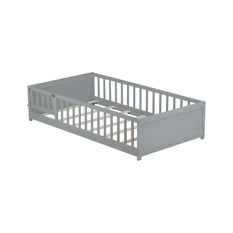 Twin Floor Bed with Built-in Bookcase and Safety Door Rubber Wood Low Profile