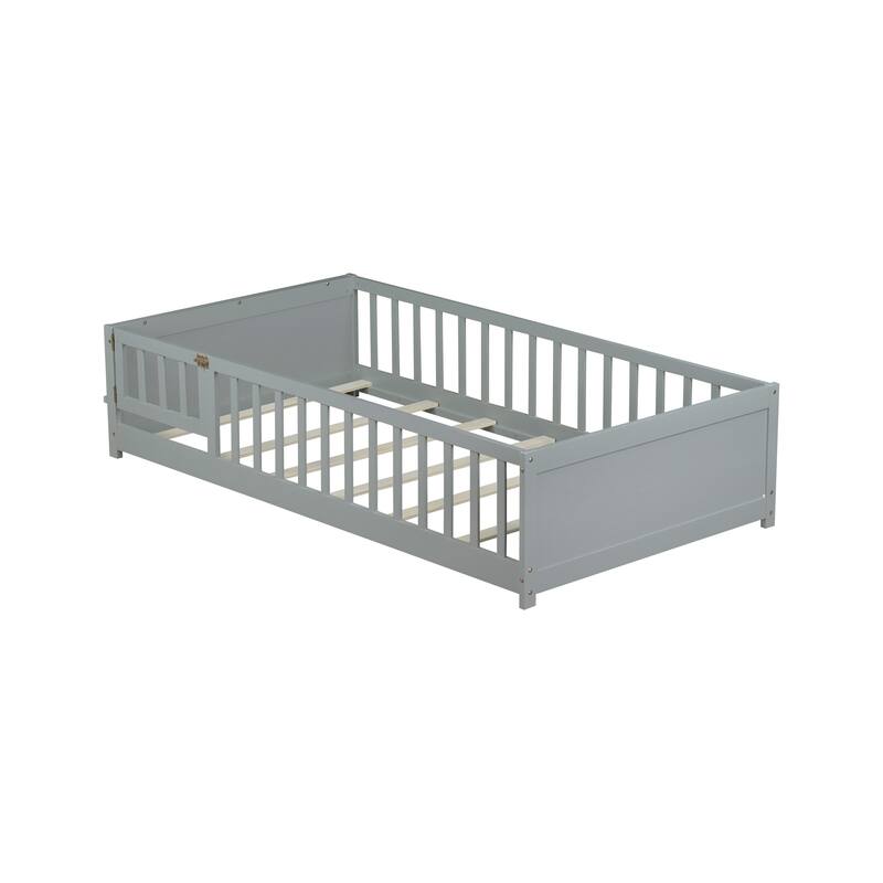 Twin Size Floor Bed with Built-in Book Rack and Door, Grey