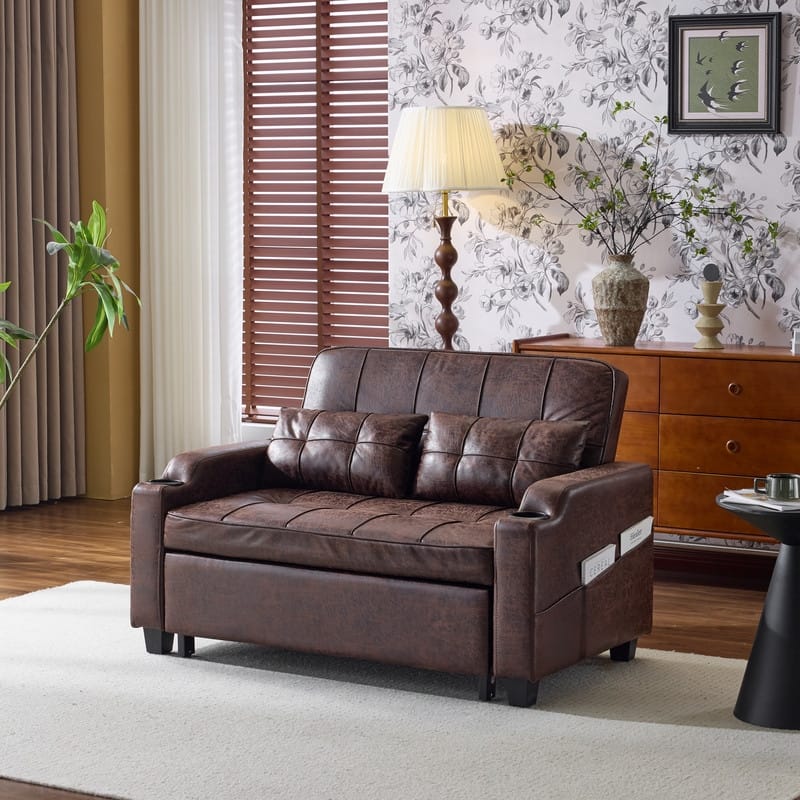 Upholstered Cat's Claw Leather Convertible Reclining Sleeper Sofa Bed With Cushions For Small Spaces