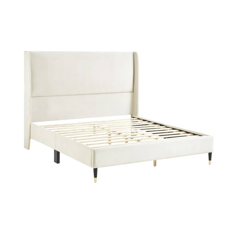 Beige Velvet Wingback Platform Bed, Queen