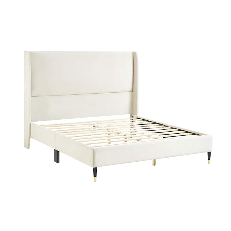 Queen Upholstered Platform Bed in Velvet with Wingback Headboard and Gold-Tipped Legs, Modern Low-Profile Design