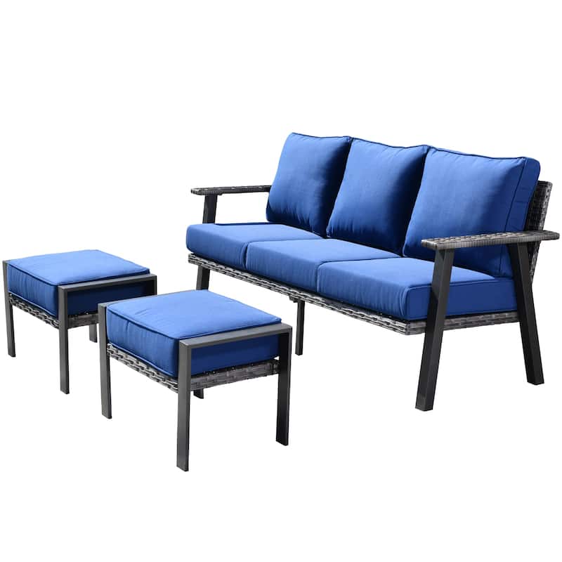 OVIOS Outdoor 3-piece Wicker Sectional Sofa Set With Ottoman Steel Frame