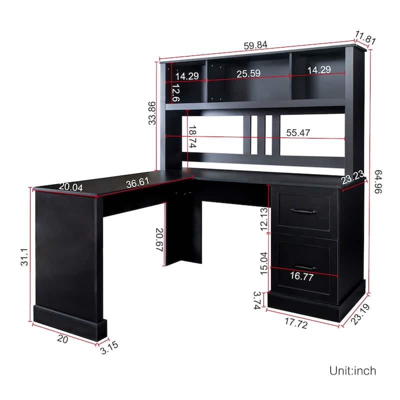 Anmytek Black L Shaped Desk with Hutch and Drawers Corner Computer Workstation for Home Office Gaming