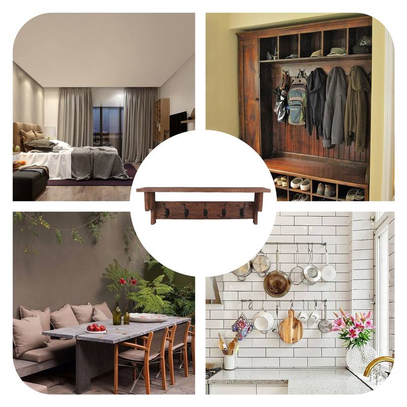 Rustic Wall Mounted Coat Rack with Storage Shelf & Metal Hooks