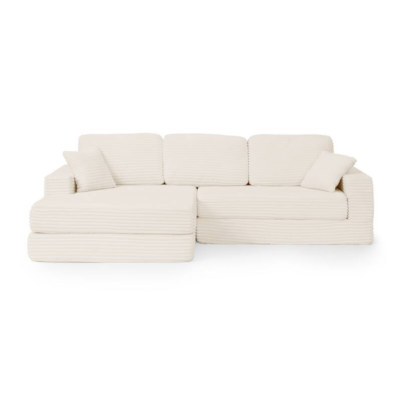 Modern Corduroy L-shaped Sectional Sofa with Chaise Expanded into Queen Size Floor Bed Comfy Compressed Sofa Couch