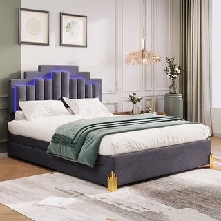 Grey Velvet Queen Platform Bed with RGB LED Lights & Storage Drawers
