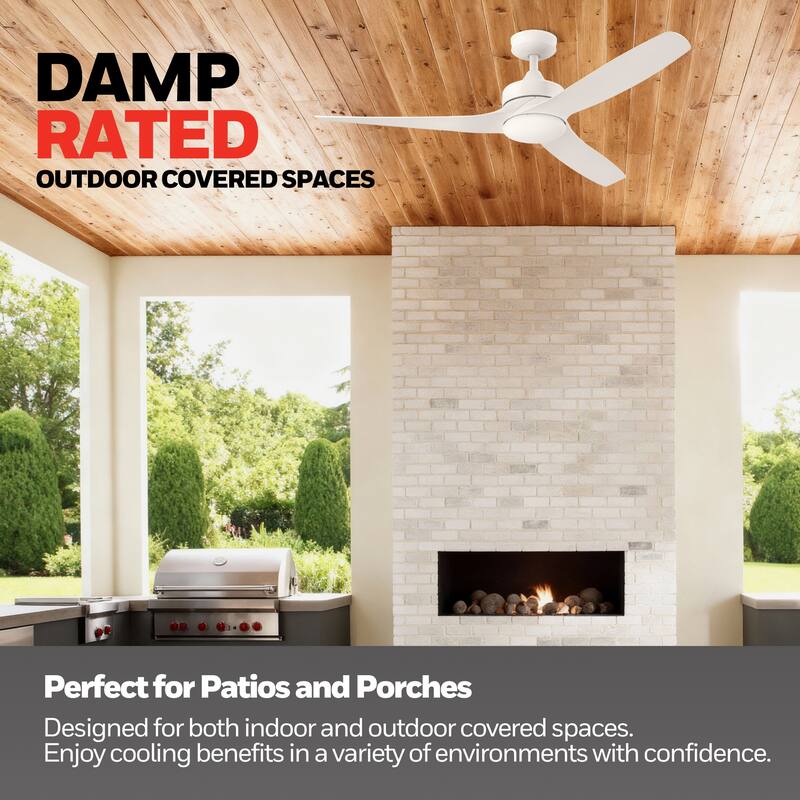 52" Honeywell Lynton White Indoor/Outdoor Damp-Rated Ceiling Fan with LED Light and Remote Control, 6-Speed BLDC Motor