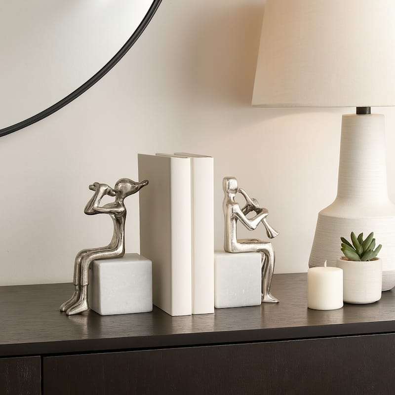 Decorative Metal Musicians on Marble Bases Bookends - 8", Silver - 8.0"