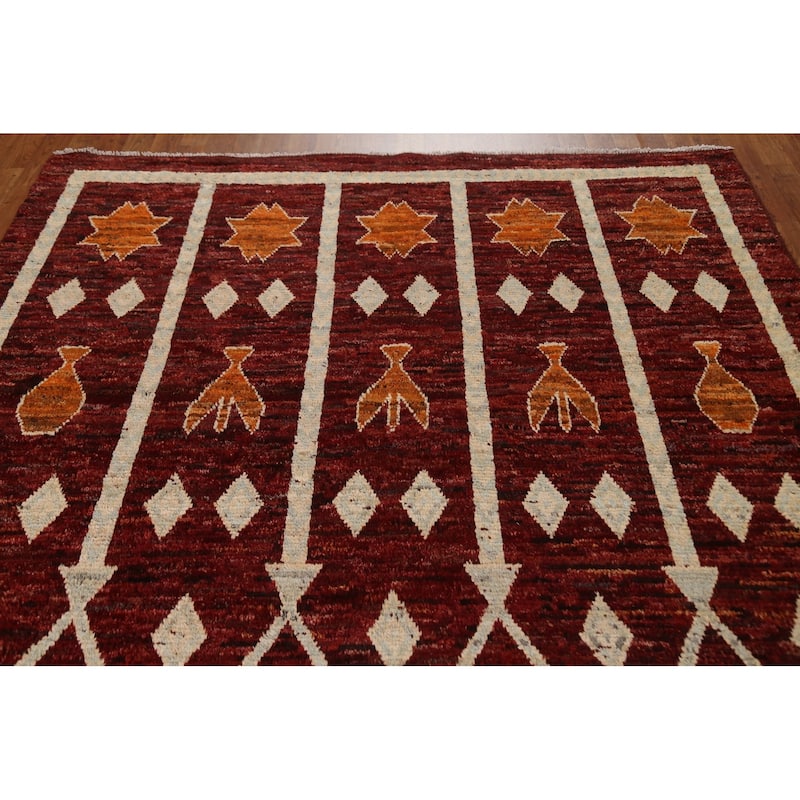 Hand Knotted Oriental 100% Wool Carpet Modern Geometric Red Moroccan Area Rug - 9' 10'' X 6' 8''