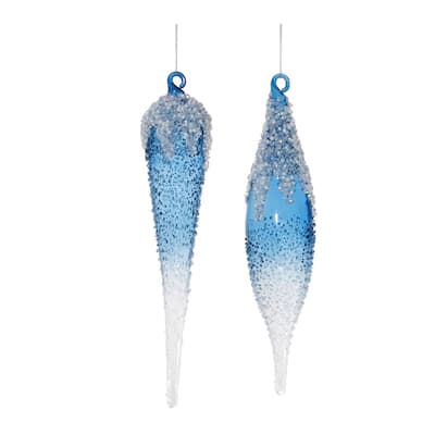 Beaded Ombre Glass Icicle Drop Christmas Ornaments - 9.5" - Blue - 12ct