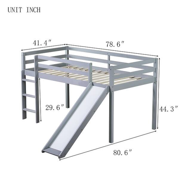 dimension image slide 0 of 3, Twin Size Solid Wood Low Loft Bed with Slide, Ladder, Safety Guardrails, and Sturdy Rubberwood Frame
