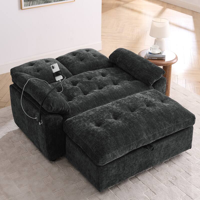 Double Recliner Chair with Adjustable Backrest, Storage Ottoman, USB Port & Phone Stand - Black
